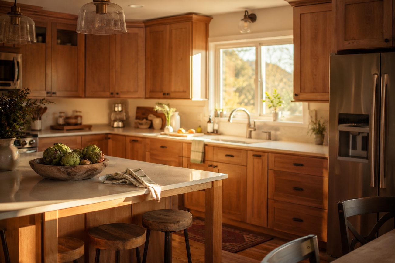 A cozy, sunlit kitchen with warm wood cabinets